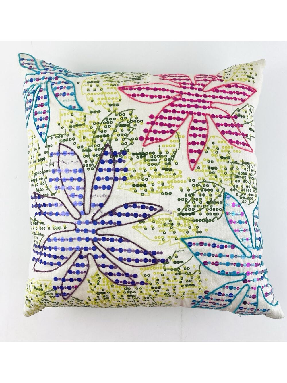 Pier 1 One Floral Leaf Pillow Sequined Square Purple Pink Green Zip Beach Seawee